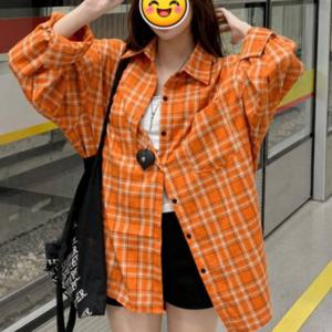 여성 여유핏 오렌지 긴팔 체크 남방 셔츠 데일리 블라우스