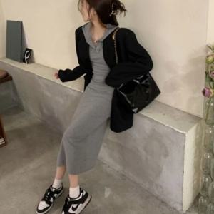 여성 롱원피스 후드 원피스 옆트임 슬림핏 캐주얼 여자 롱치마