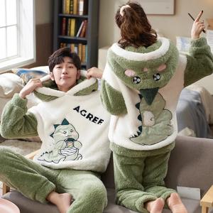 커플 잠옷 여성 남성 겨울 두꺼운 잠옷 슬립웨어 만화 공룡 한국 연인 홈웨어 부드럽고 따뜻한 후드 잠옷