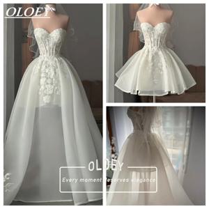 OLOEY 요정 꽃 짧은 푹신한 웨딩 드레스 분리 가능한 테일 슬리브 포함 스윗하트 넥 미니 신부 가운 맞춤형 코르셋