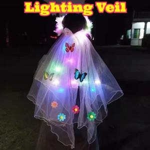 LED 라이트업 베일 크라운 장식 빛나는 요정 베일 깜박이는 화환 머리 장식 로맨틱 튤 헤어 액세서리 웨딩 파티 축제