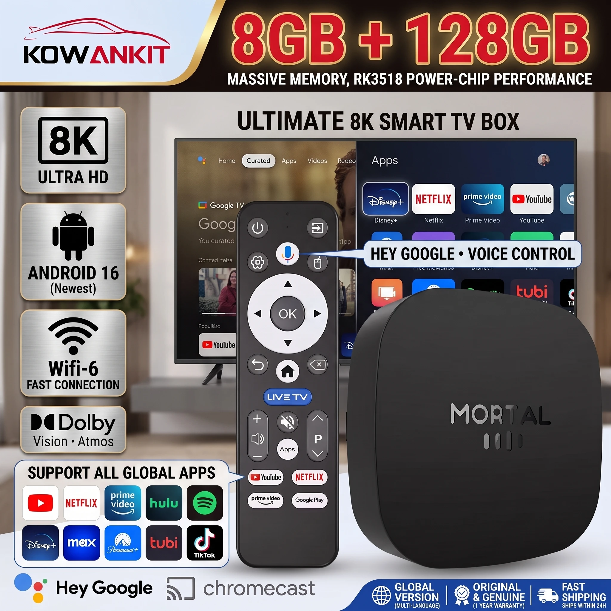 2026 8K HD 스마트 TV 박스 T1+, 안드로이드 16, 8GB RAM, 128GB ROM, RK3518 쿼드 코어, 듀얼 와이파이(2.4GHz/5.8GHz), 홈 시어터용 미디어 플레이어