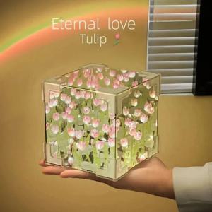 DIY 튤립 바다 거울 무드등, 수제 3D 꽃 큐브 램프, 창의적인 분위기 조명, 친구 및 가족을 위한 생일 선물
