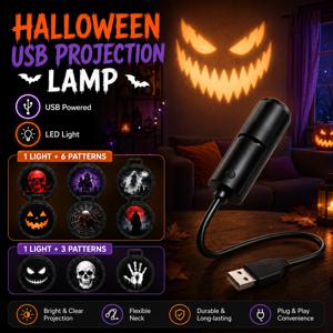 할로윈 USB 프로젝션 램프 (3개 또는 6개 패턴 슬라이드 포함), 유령, 박쥐, 해골, 거미 LED 조명 (파티, 침실, 휴일 장식용)