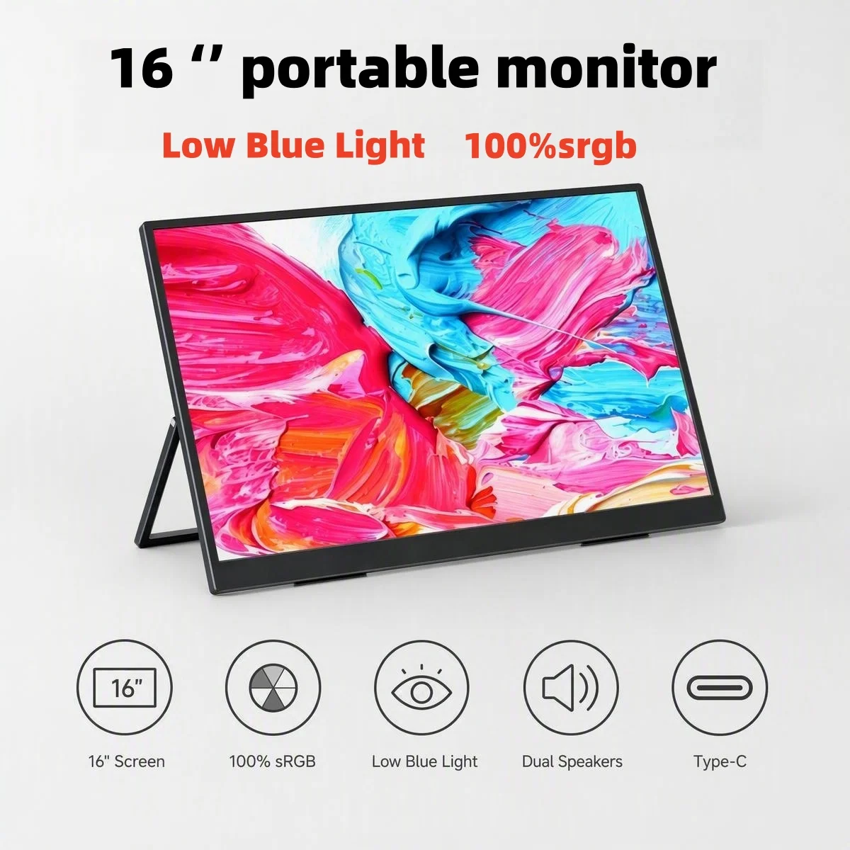 16인치 휴대용 모니터, 100% sRGB, 저블루라이트 눈 보호, 타입-C 확장 화면, 노트북 및 스마트폰용 보조 디스플레이