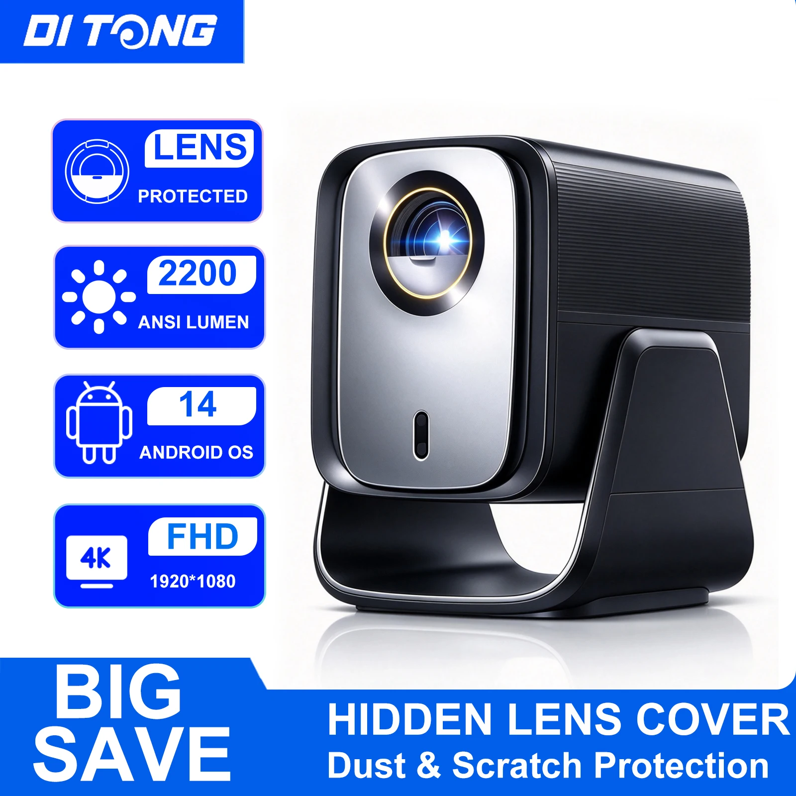 DITONG HT3 HD 프로젝터: 네이티브 1080P 해상도 지원, 4K, Wi-Fi 6, 블루투스 5.4, 안드로이드 운영체제, 미니 휴대용 프로젝터, LED 홈 시어터 비디오 프로젝터.