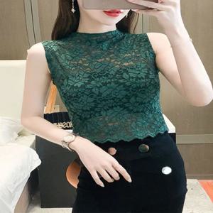 다용도 한국 스타일 레이스 베이스 셔츠 민소매 하이 칼라 여성용 스탠드 칼라 플로럴 엣지 페이크 포켓 스퀘어