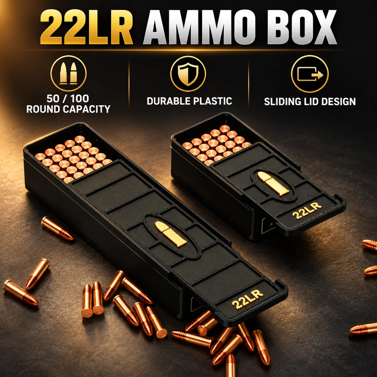 .22LR 탄약 보관함, 50/100발 수납 가능, 3D 프린팅 플라스틱 재질