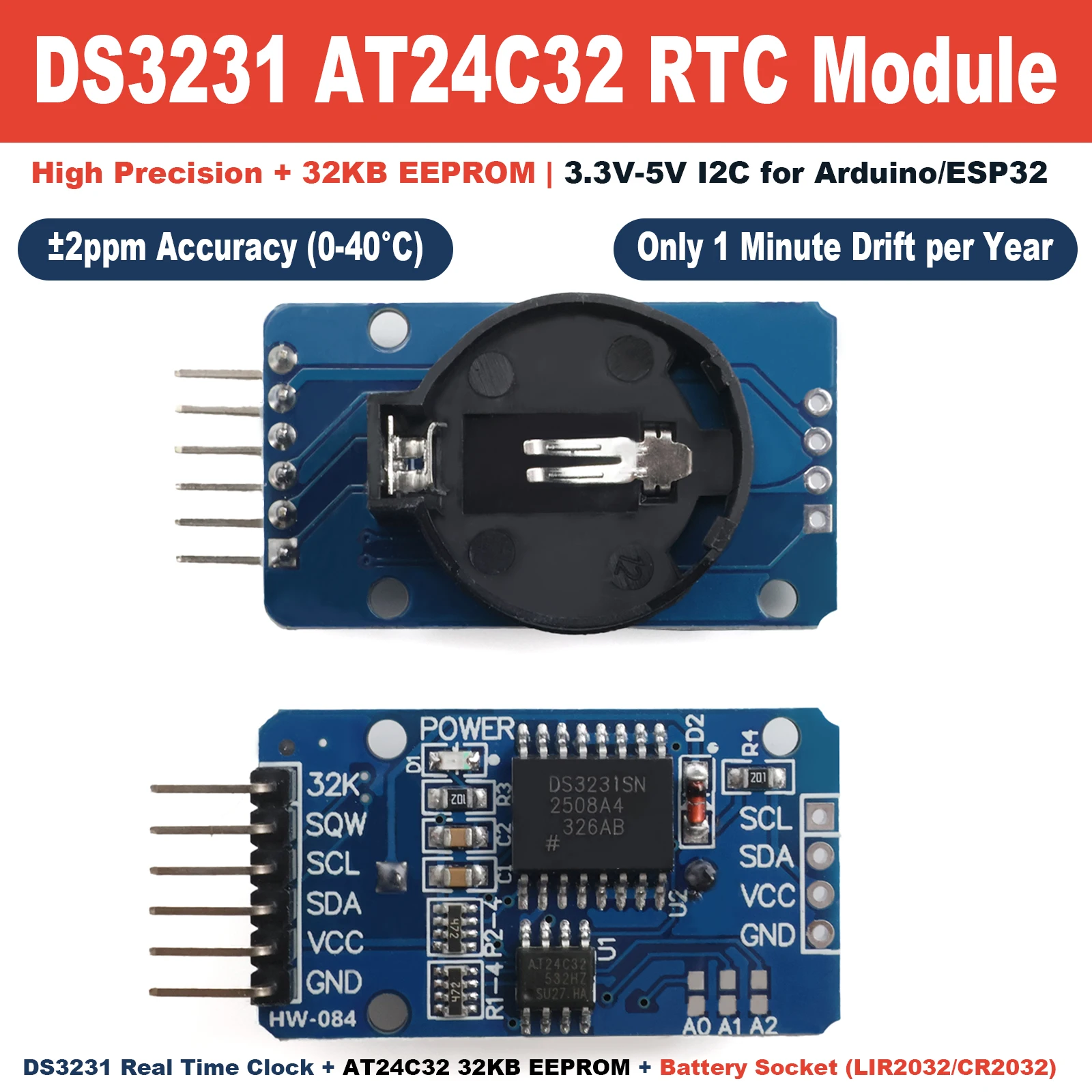 DS3231 AT24C32 IIC 정밀 RTC 실시간 클럭 메모리 모듈(배터리 없음) Arduino ESP32용 3.3V-5V 온도 보상