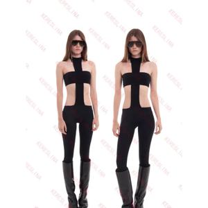 Y2K 섹시하고 트렌디한 고딕 크로스 스트리트웨어 패션 펑크 홀터넥 레트로 스파이시 걸 슬림핏 빈티지 점프수트 롱 팬츠 이모
