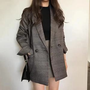 봄 가을 신상 스타일 한국 캐주얼 웨스턴 스타일 의류 빈티지 체크무늬 면 라펠 슬림 여성 블레이저 코트