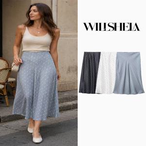 Willshela 여성 패션 도트 프린트 플리츠 스트레이트 미디 스커트 빈티지 하이 엘라스틱 허리 여성 시크 레이디 스커트
