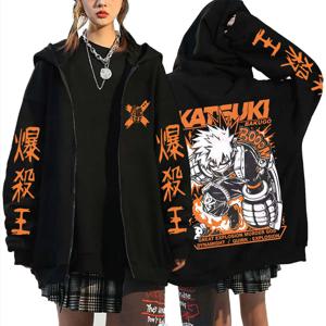 Anime My Hero Academia Bakugou Katsuki 지퍼 후드 남성 여성 캐주얼 오버 사이즈 지퍼 업 자켓 코트 남성 만화 하라주쿠 후드