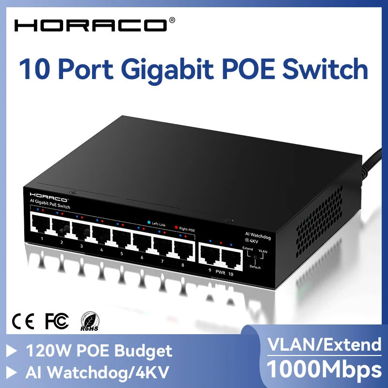 HORACO 8포트 기가비트 POE 스위치 1000Mbps 액티브 POE 네트워크 스위치 (IP 카메라, NVR, 감시, CCTV, POE 카메라용)