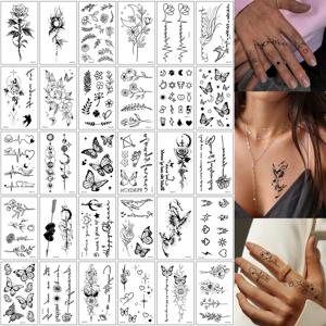 30Pcs 여성을위한 작은 가짜 문신 남자 꽃 별 달 나비 손 손가락 손목 및 바디 아트에 대 한 임시 문신 스티커