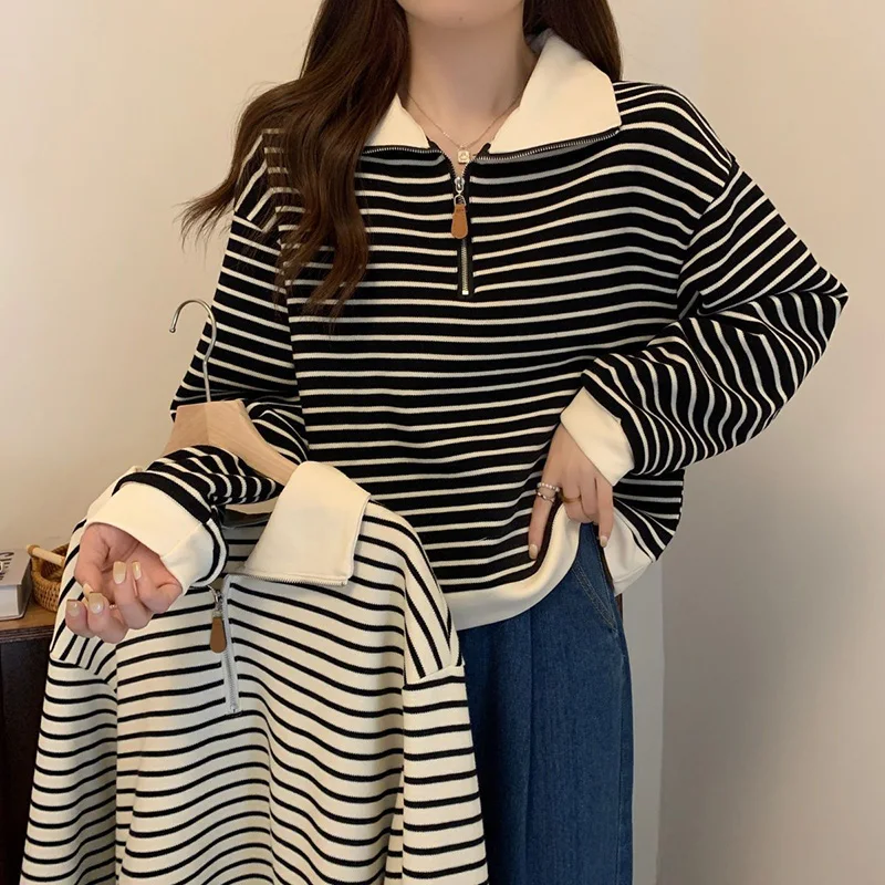 여성용 스트라이프 패턴의 하프 지퍼 스웨트셔츠, 긴 소매, 칼라 디자인, 캐주얼한 핏, 트렌디한 오버사이즈 스타일, 스트리트 패션, 2026년 유행