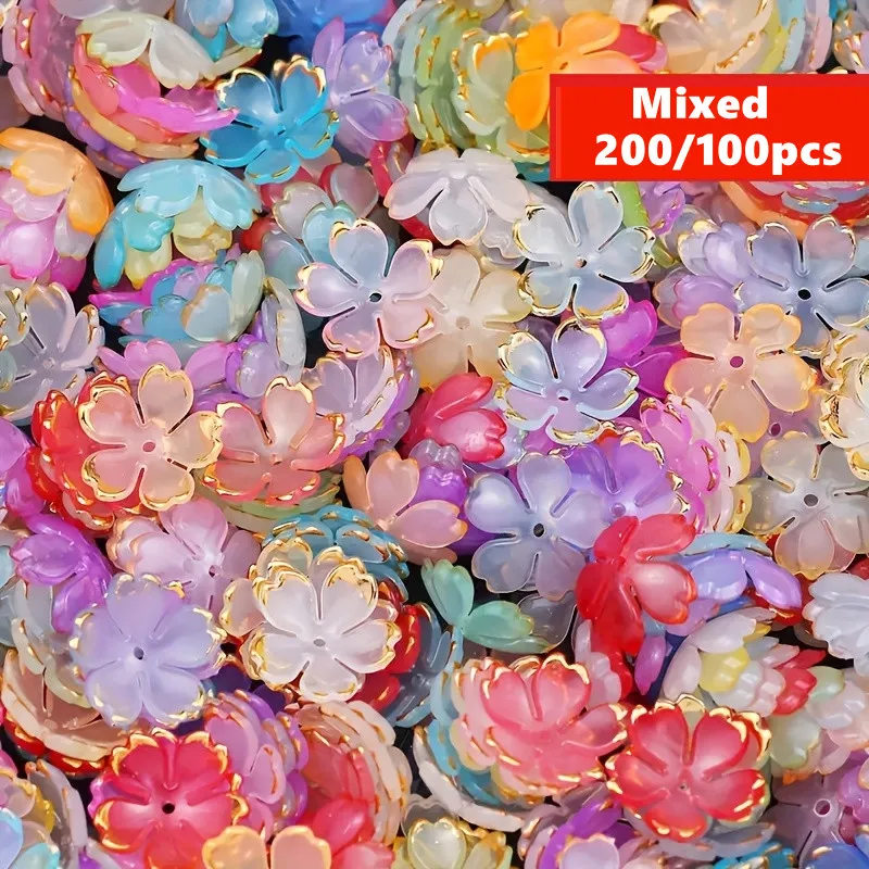 200/100개 15mm 다채로운 아크릴 꽃 구슬 - DIY 제작 용품을 위한 파스텔, 꽃무늬, 골든 디자인