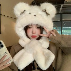 두꺼운 플리스 곰돌이 귀 모자 스카프 세트 여성용 겨울 따뜻한 보호 귀마개 레이펑 스타일 모자 스카프 투피스 세트 중국 기하학 무늬