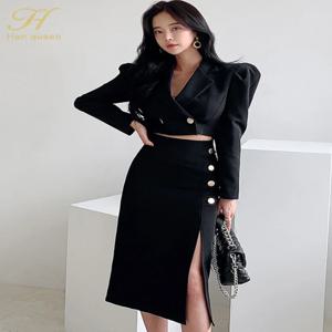 H Han Queen 여성용 크롭 블레이저 + 포크 펜슬 스커트, 캐주얼 심플 오피스 레이디 스커트, 세트 2 종 세트, 용수철 가을, 핫 세일