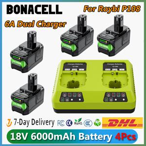 Roybi P108 배터리 6000mAh, Roybi 18V ONE + 시스템 용 6A 듀얼 충전기 교체 배터리 P102 P103 P104 P105 P107 P109