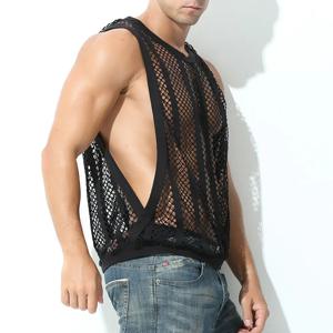 남성 메쉬 쉬어 조끼 보디 빌딩 러닝 탱크 탑 섹시한 Fishnet 피트니스 Sportwear 근육 민소매 중공 싱글 빠른 건조