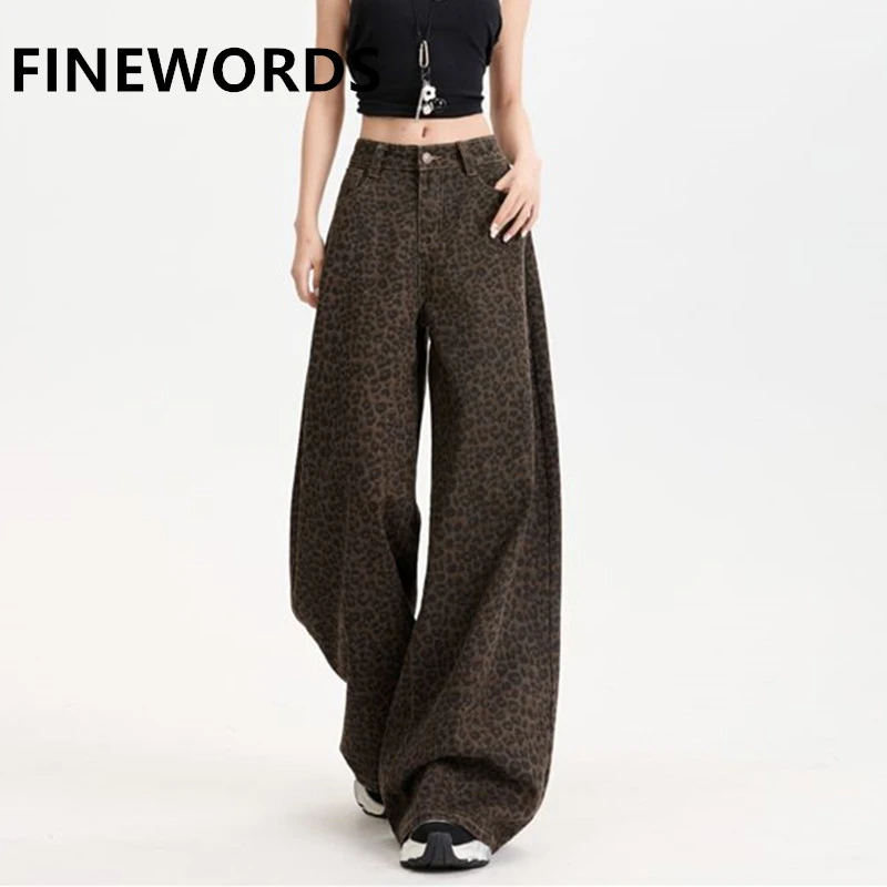 FINEWORDS 캐주얼 하이 웨스트 와이드 레그 레오파드 프린트 청바지 여성 Easymatch 한국 청바지 레트로 streetwear Washed Baggy Jeans