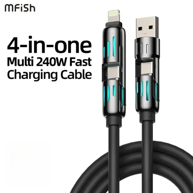 USB 유형 C Lightning-Max 240W 고속 충전 및 데이터 동기화 MFISH 4-in-1 iPhone 16/15 iPad용 다기능 USB 충전 케이블