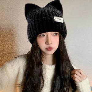여성을위한 귀여운 고양이 귀 비니 가을, 겨울 따뜻한 귀 보호 달콤한 다목적 풀오버 니트 모자