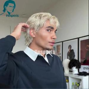헤스페리스 웨이비 숏 픽시컷 가발 (앞머리 포함) 레미 인모 풀 레이스 인모 가발 (남성용) 금발 레이어드 남성 가발