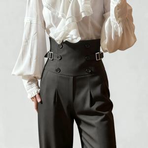 봄 가을 로리타 블랙 다용도 하이웨이스트 롱 팬츠 Y2K 빈티지 트라우저 코트 브리티시 스타일 스트레이트 팬츠 여성용