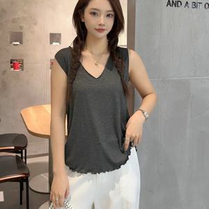 플러스 사이즈 L~6XL 여성용 V넥 탱크탑 러플 트림 탑 모달 얇은 이너웨어 민소매 베스트 베이직 레이어링 솔리드 캐미솔