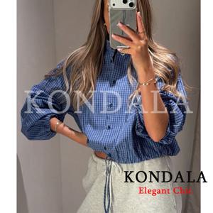 KONDALA 여성 캐주얼 트렌디 체크 무늬 셔츠 터틀넥 싱글 브레스트 블라우스 새로운 패션 2026 봄 여름 휴가 스포티 블라우스