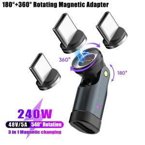 자석식 Type-C to USB-C OTG 어댑터, 540도 회전, PD3.1, 240W 고속 충전, 9핀 자석 USB-C 암 커넥터, 맥북 및 삼성 기기용.