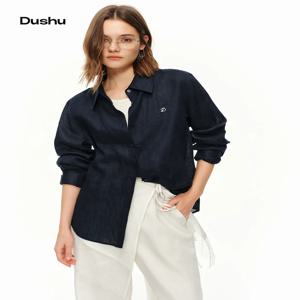 DUSHU 【통기성 시리즈】 스트레이트 숄더 리넨 셔츠 여성 여름 해안 미학 긴팔 심플 자외선 차단