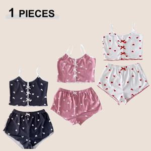 여성용 귀여운 하트 프린트 프릴 트림 리본 장식 앞면 캐미탑과 반바지 라운지웨어 세트 여름용 부드러운 잠옷 2026