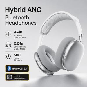 ANC 블루투스 헤드폰 무선 이어폰 오버이어 43dB 노이즈 캔슬링 하이파이 스테레오 50시간 재생 블루투스 5.4 AUX 케이블