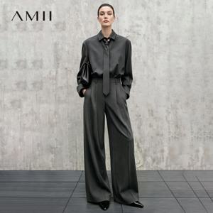 Amii 미니멀리스트 여성 스트라이프 셔츠 가을 패션 라펠 숨겨진 플래킷 루즈 와이드 레그 팬츠 캐주얼 바지 분리형 12623109