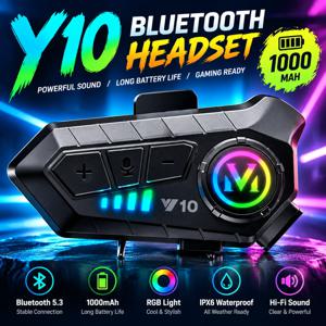 Y10 무선 오토바이 헬멧 헤드셋 블루투스 5.3 RGB 링 라이트 IPX6 방수 1000mAh 핸즈프리 통화 스테레오 이어폰