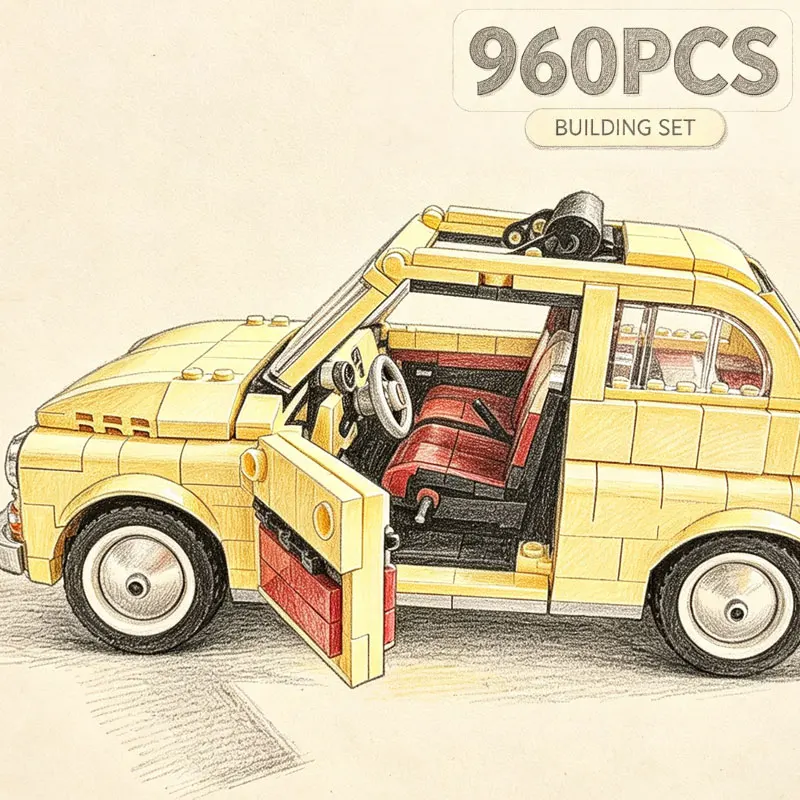 960개 부품으로 구성된 MOC 창의적인 자동차, 클래식한 노란색 레트로 차량, 집 장식용 모델, 조립식 차량 블록, 휴일 파티 선물, 수집용