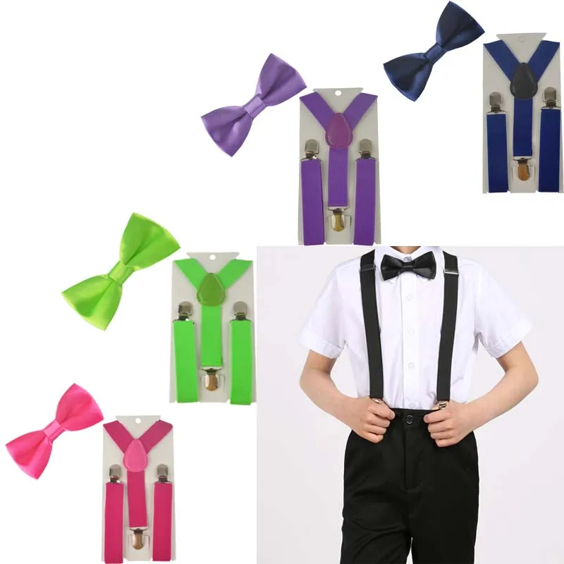 파티 조정 가능한 2pcs 멜빵 소녀 Y 다시 어린이 Bowties 나비 넥타이 세트 탄성 어린이 넥타이 교정기 소년