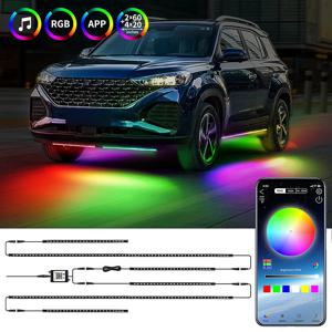 흐르는 색상 RGB LED 스트립 자동차 네온 불빛 60*150 90*180 BT App 제어 자동차 제품 6PCS 방수 자동차 액세서리 12V