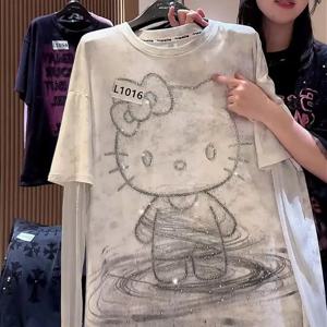 Sweet Cool New 헬로 키티 레트로 여성용 핫 다이아몬드 카툰 긴팔 티셔츠 여성 캐주얼 다용도 노화 방지 탑 인