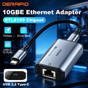 USB 10GbE 이더넷 어댑터 RTL8159 칩 USB3.2 Gen2x2 Type C - RJ45 10G 외부 네트워크 카드 드라이버 무료 게임 스트리밍용