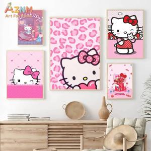 AZNM 헬로 키티 카와이 산리오 캔버스 벽 예술, 귀여운 만화 고양이 프레임 없는 프린트 포스터, 핑크 레오파드 프린트 보우 테마 캔버스 파이