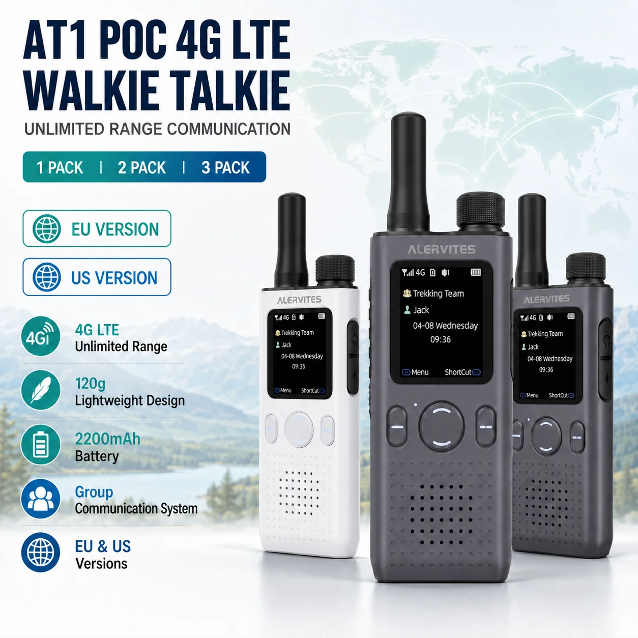 1/2/3PCS ALERVITES PoC AT1 글로벌 워키 토키 Baofeng 라디오 4G LTE 무제한 거리 미국/EU 버전 OLA APP USB-C 초경량
