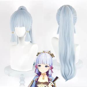 HAIRJOY ​​합성 머리카락 Genshin Impact Kamisato Ayaka 코스프레 가발 라이트 블루 포니테일 가발 로즈 네트 포함