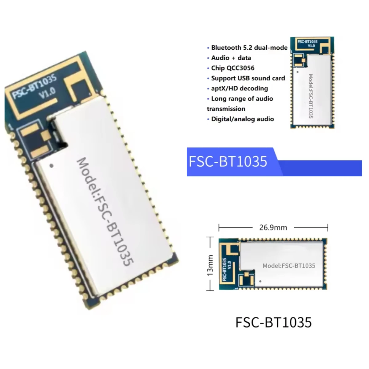 FSC-BT1035 모듈 QCC3056 칩 블루투스 5.2 오디오 모듈 지원 USB 사운드 카드 스테레오 아날로그 방출 장거리