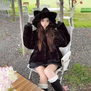 일본풍 달콤한 긴소매 고양이 귀 패치워크 코트 인조 퍼 재킷 여성용 카와이 Y2K 빈티지 후드 캐주얼 가을 겨울 2026