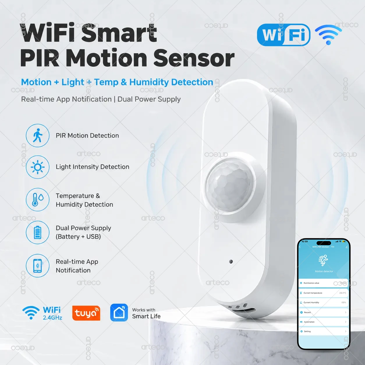 Tuya WiFi 스마트 PIR 센서 조도 온도 습도 감지 기능이 있는 인간 모션 감지기 스마트 홈 보안 자동화