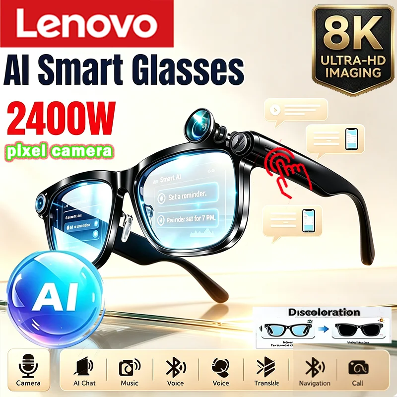 Lenovo 무선 블루투스 AI 스마트 안경, 리모컨 기능, 8K HD 사진 촬영, 통화, 음악 재생, 스포츠용 선글라스, 남녀 공용, 여가용 선물